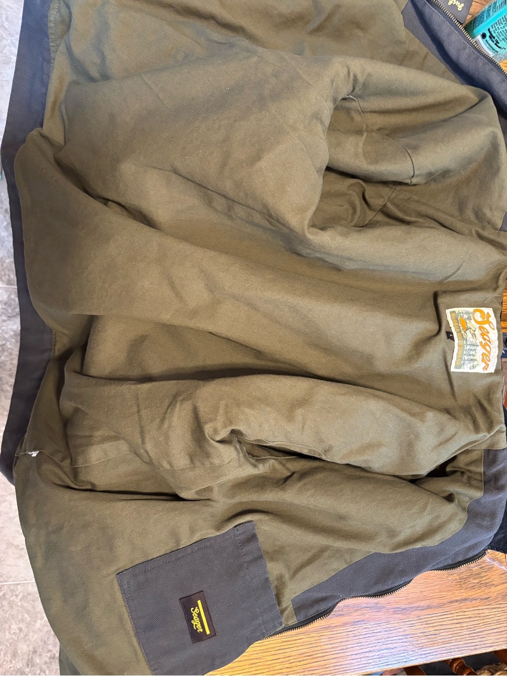 Grey Seager Field Jacket with black corduroy collar and green fleece lining